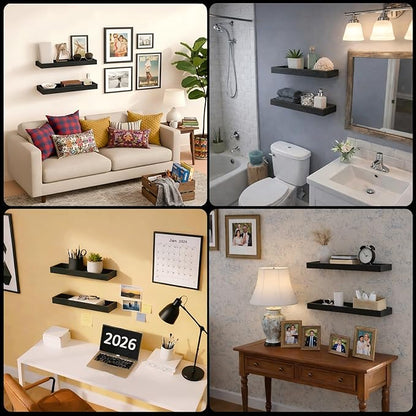 Floating Shelves for Wall, 15.7 Inch Picture Ledge with Raised Lip, Bathroom Shelves Over Toilet, Nursery Book Shelves, Kitchen Spice Rack, Wall Decor Display Ledge, Set of 2, Black