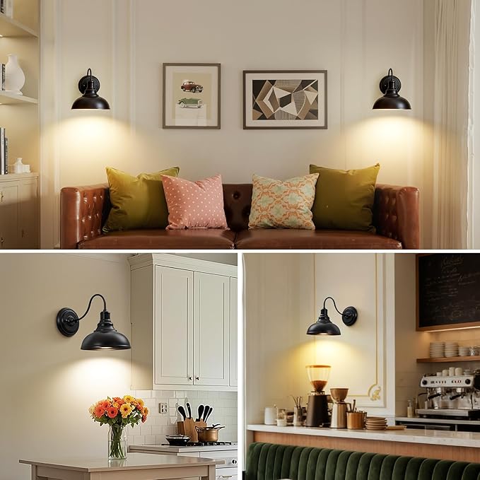 Lightess Black Battery Operated Wall Sconces Set of Two, Vintage Wireless Wall Lights with Rechargeable 12 Colors Bulbs, Dimmable Cordless Gooseneck Wall Decor Lamps with Remote Control