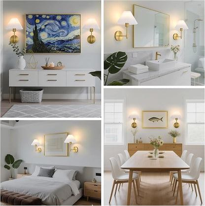 Battery Operated Wall Sconces Set of 2, Gold Rechargeable Wall Lights with Remote, Dimmable Wall Lamp with Pleated Shade,15 Colors Wireless Bathroom Wall Sconce for Bedroom Living Room Hallway
