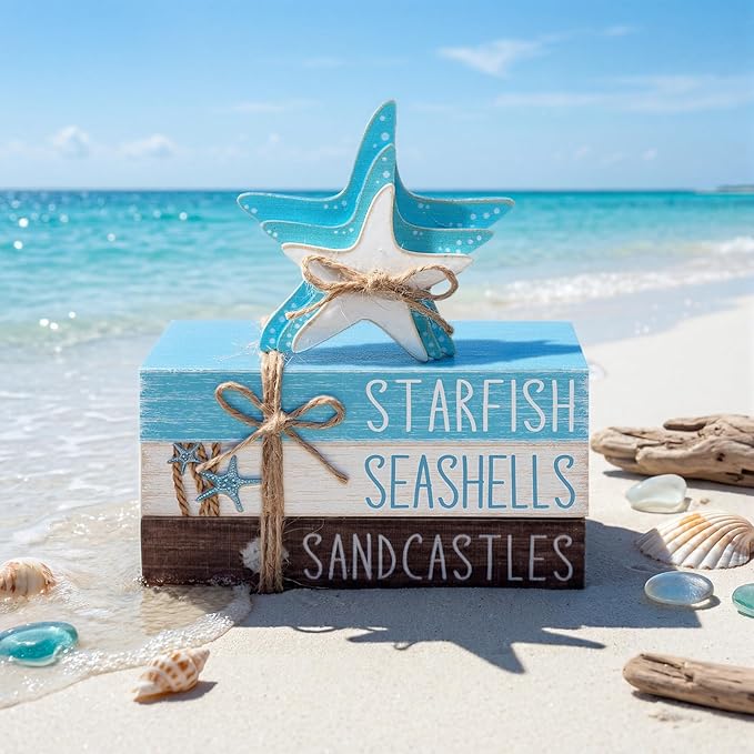 Geelin 4 Pcs Summer Beach Tiered Tray Decor Wooden Book Stack Signs, Starfish Seashell Coastal Nautical Table Centerpiece for Shelf Coffee Bar Home Kitchen Beach House Decorations