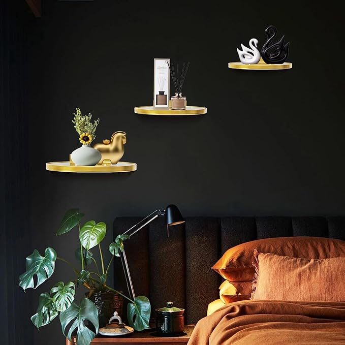 ZEXUIRU 3 Set Glass Decorative Floating Shelves Metal Frame Display Shelf Wall Decor for Home Office Mixed Size