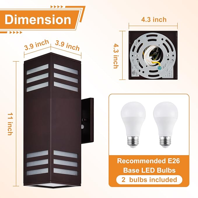 Housen Solutions LED Dusk to Dawn Outdoor Lighting 2 Pack, Up Down Outdoor Wall Lights with Bulbs, IP65 Waterproof Sensor Exterior Light Fixture Wall Sconce for Porch, Bronze