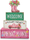 Spring Decorations, 4 Pcs Wooden Spring Table Decorations, Farmhouse Rain Boots Tiered Tray Decor, Wooden Table Sign for Desk Shelf Mantel Coffee Bar, Indoor Home Decor