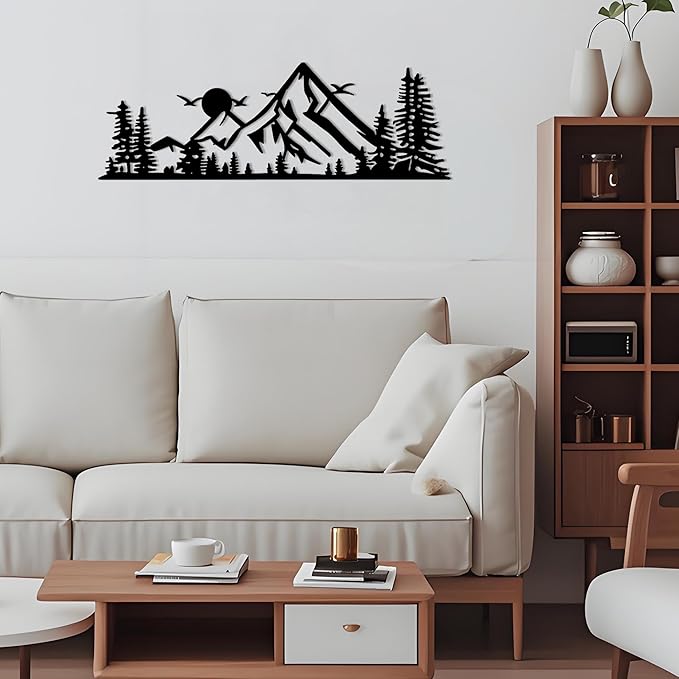 DICYWUDI Black Metal 15.7 x 5.3 inch Mountain Wall Decor – Minimalist Wall Art for or Indoor Kitchen Bathroom Bedroom Living Room Dining Room