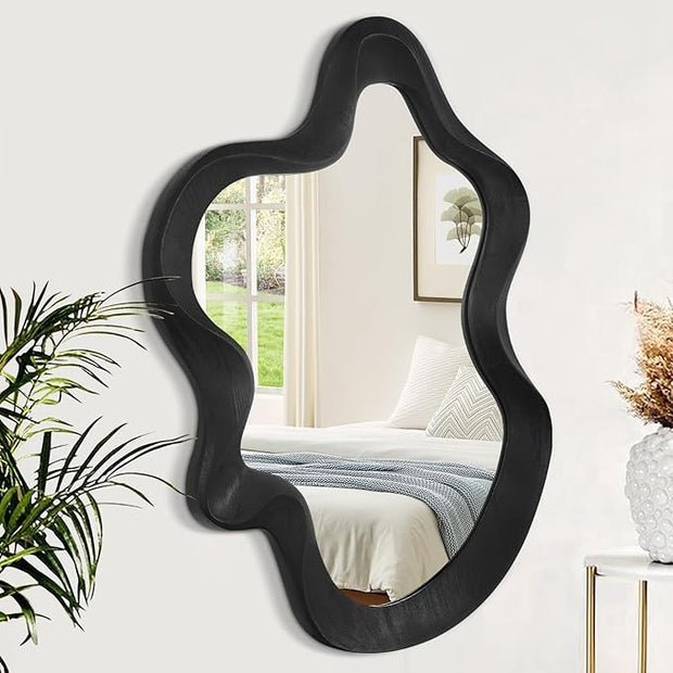 Asymmetrical Mirror for Wall Decor Large Modern Wavy Wooden Framed Wall Mirror Unique Shape Wall Mounted Vanity Artistic Wavy Mirror Decorative for Living Room Bedroom Bathroom Entryway Black