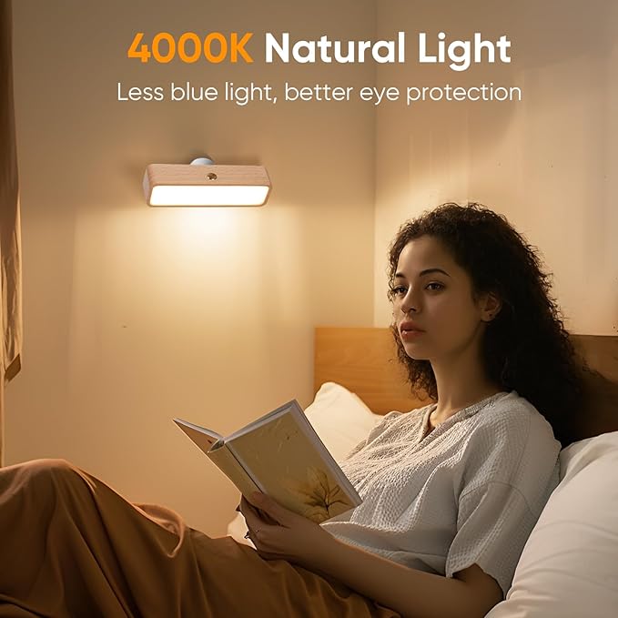 Wood Wall Sconces Battery Operated, Rechargeable Wall Lights Battery Operated, Stick On Wall Mounted lamp Bedside Reading for Bedroom, Stepless Dimmable Wall Lamps for Living Room