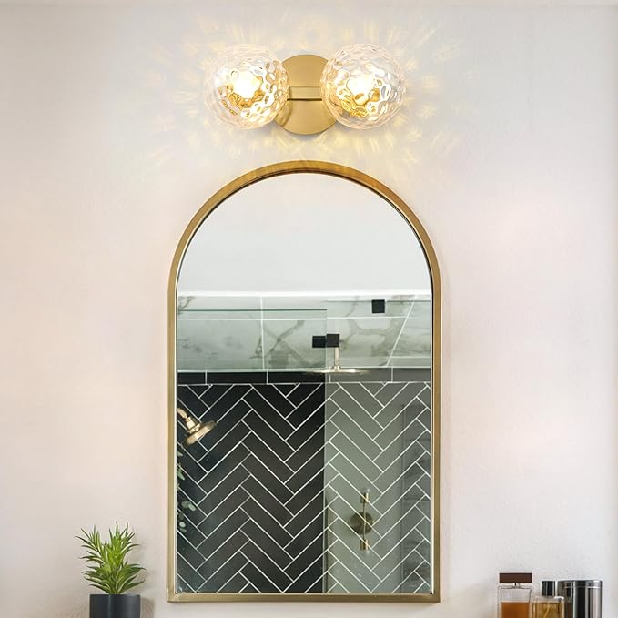 Gold Bathroom Vanity Light Fixtures: Modern Wall Scones With 2 Hammered Clear Glass Shades - Globe Makeup Lighting Fixture over Mirror - Brass Ball Powder Room Vanities Lights for Hallway Bedroom