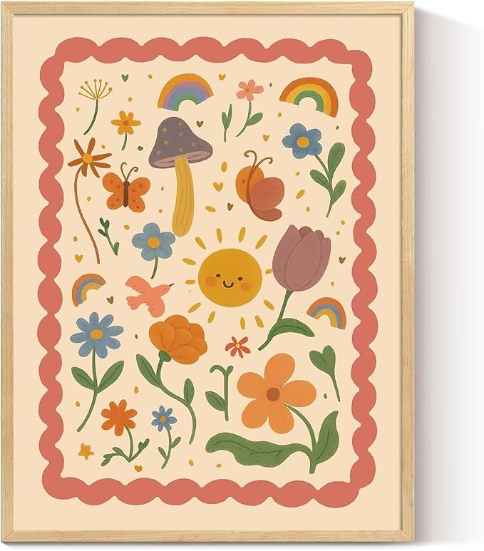 InSimSea Framed Canvas Wall Art Prints, Nursery Wall Art for Bedroom, Beige Vintage Flower Illustration Painting Kids Decor, Classic Retro Rustic Farmhouse Wall Shelf Decor, 12x16inch