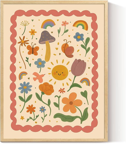 InSimSea Framed Canvas Wall Art Prints, Nursery Wall Art for Bedroom, Beige Vintage Flower Illustration Painting Kids Decor, Classic Retro Rustic Farmhouse Wall Shelf Decor, 12x16inch