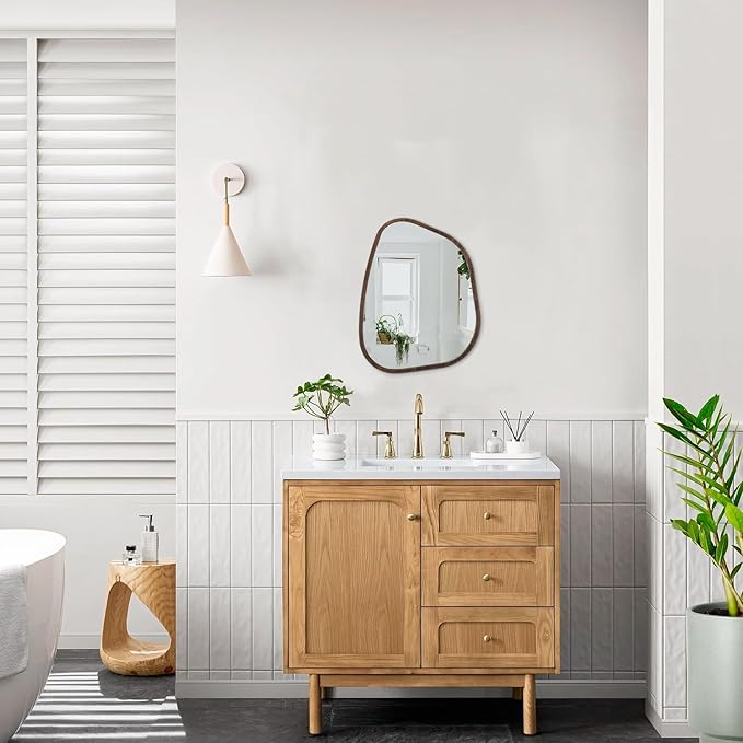 Irregular Wooden Framed Wall Mirror Modern Oval Asymmetrical Unique Hanging Mirror Artistic Wavy Mirror Decor Bathroom Vanity Bedroom Living Room Entryway Hallway Large Brown16 x12