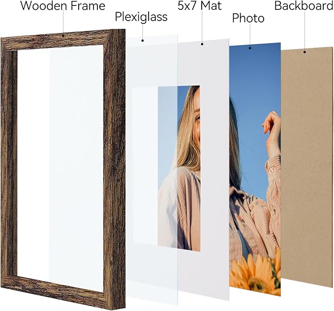 Vittanly 8x10 Picture Frames Set of 4, Display Pictures 5x7 with Mat or 8x10 without Mat, Gallery Wall Frame Set for Wall or Tabletop, Engineered Wood with Shatter Resistant Plexiglass, Rustic Brown