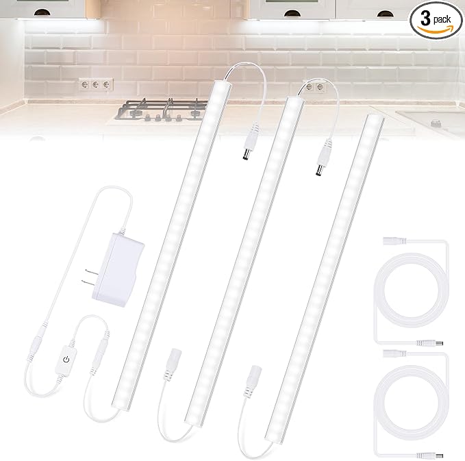 Under Counter Lights for Kitchen, 3 Packs x 12 Inch Dimmable LED Under Cabinet Lighting, Cold White 6000K, Plug-in Under Cabinet Lights with Memory Function