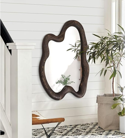 AAZZKANG Large Wall Mirror with Wood Framed 24"x16" Vintage Irregular Wall Mirror Asymmetrical Hanging Mirror for Bathroom Bedroom Living Room Entryway Brown