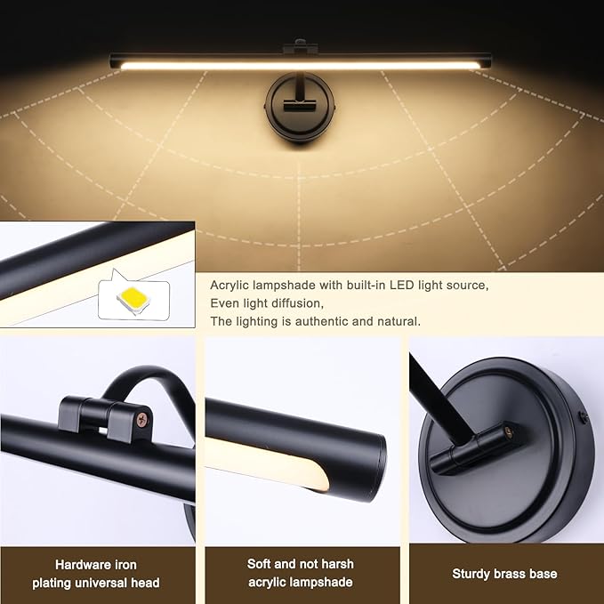 Hardwired 23.6 Inch 14W Black Picture Lights for Wall LED Picture Frame Light Dimmable Painting Lights for Wall Portrait Artwork Warm White