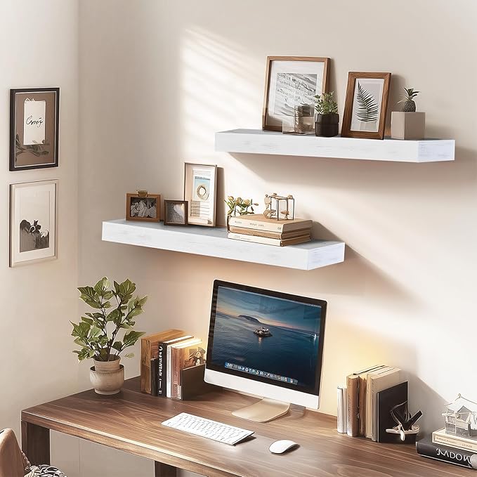 24x6.8x2 Inch Rustic Floating Shelves for Wall Set of 2 - White Solid Wood Wall Mounted Shelves with Invisible Bracket, Extended Design for Farmhouse Living Room Bedroom Kitchen Decor