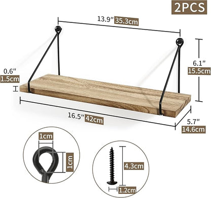 Sapowerntus Floating Shelves Wall Mounted Shelf Rustic Light Wood Bathroom Bedroom Kitchen Hanging Storage Organizer with Triangle Metal Brackets Farmhouse Living Room Office Home Decor Set of 2