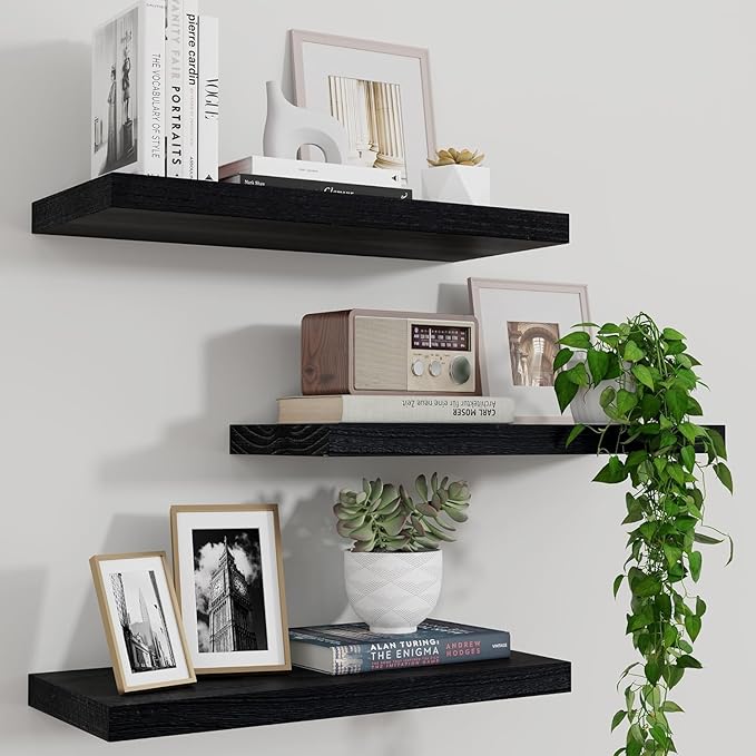 Marsmiles Wood Floating Shelves for Wall Set of 3, 17 Inch Wide Rustic Wooden Floating Shelves, Invisible Wall Mounted Display for Living Room Bedroom Kitchen Bathroom Office, Black
