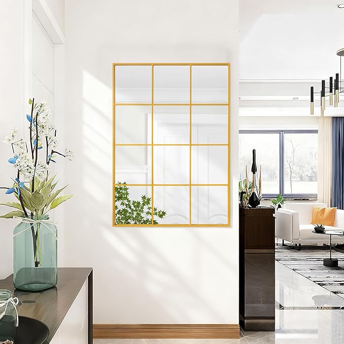 Gold Metal Mirror, Rectangle Wall Mounted Mirror Gold Modern Art Mirrors Mirrors for Living Room Bedroom Fireplace 20x28 Inch Decor