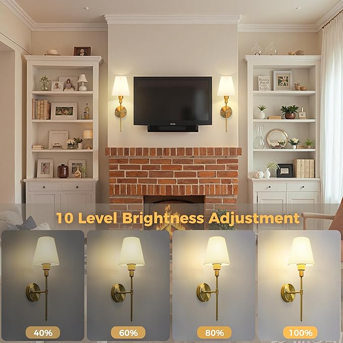 DORESshop Battery Operated Wall Sconce Set of 2, Wall Light Wireless Easy to Install, Dimmable and Adjustable Sconces Wall Decor, Rechargeable Wall Lamp for Bedroom, Living Room, Gold 20.7in
