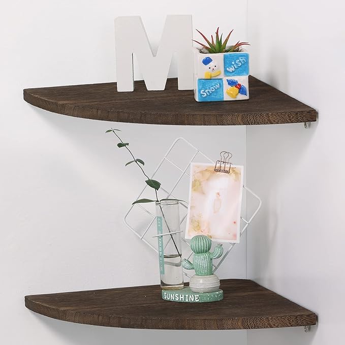 10 inch Corner Wall Shelf, Set of 2 Solid Wood Corner Floating Shelves for Wall, Round End Wall Mounted Floating Corner Shelf for Bedroom, Living Room and Kitchen (Brown-10 inch)