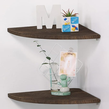 10 inch Corner Wall Shelf, Set of 2 Solid Wood Corner Floating Shelves for Wall, Round End Wall Mounted Floating Corner Shelf for Bedroom, Living Room and Kitchen (Brown-10 inch)