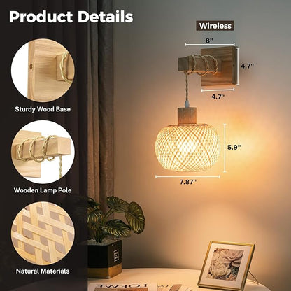Battery Operated Wall Sconce with Remote Set of 2, Rechargeable Boho Wall Sconces with 8000mAh Bulbs, 3CCT+12RGB Dimmable Woven Bamboo Wall Light/Lamp Rattan Sconces for Bedroom Living Room