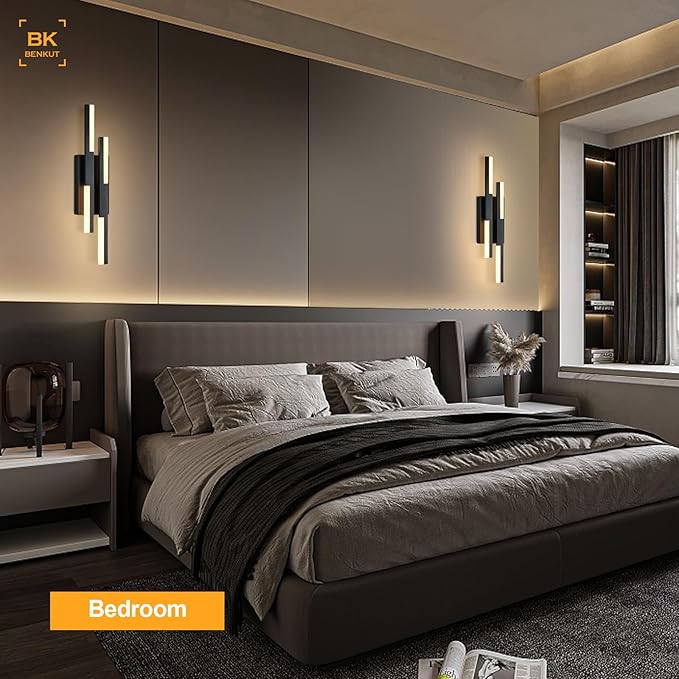 Modern LED Vanity Lights Set of 2, Black Wall Sconce with Remote Control Dimmable Indoor Wall Light Bedside Remote Sconce for Bedroom Bathroom Living Dining Room (2 Pack H19.7’’)