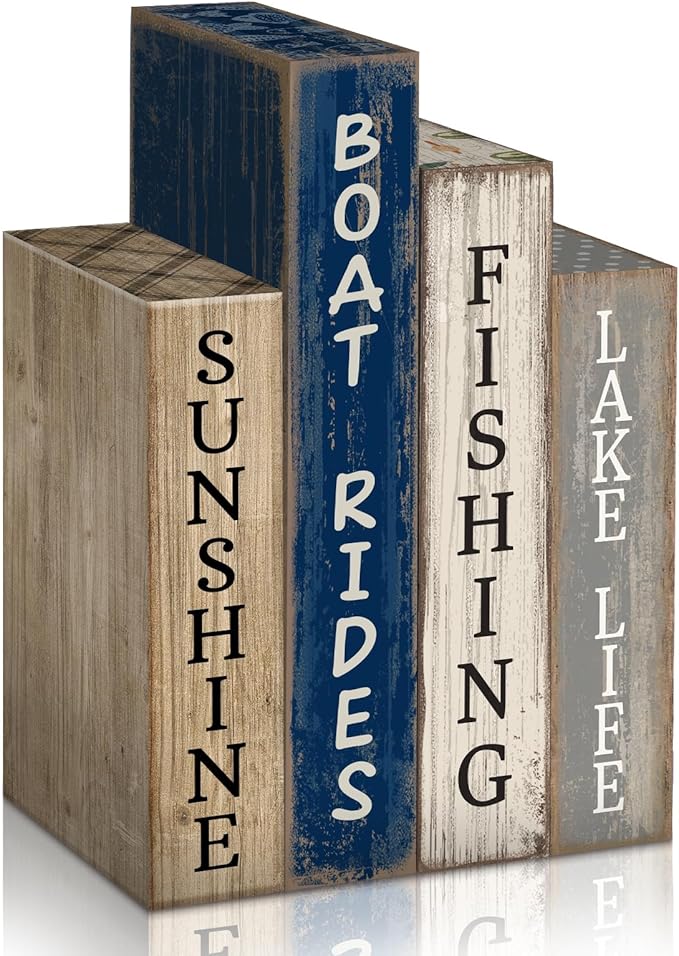 4 Pcs Summer Lake House Decor Stacked Wooden Block Set with Lake Life Boat Rides Fishing Sunshine Blue White Summer Table Decor Wooden Book Signs for Fishing & Boating Lovers Gifts