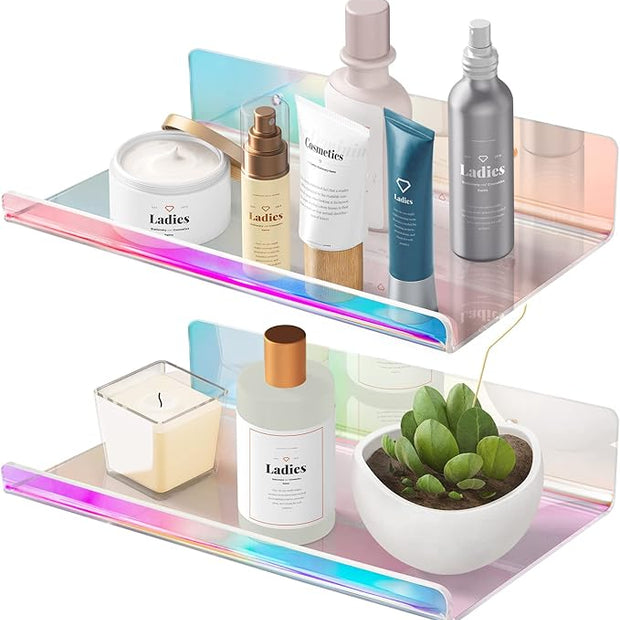 NiHome 2-Pack Medium Iridescent Acrylic Floating Shelves with Edge, 7.9"x4.5" Rainbow Ledge Shelf Adhesive & Screw Wall Mounting Phone Holder Shelf for Home Décor, Bathroom, Kitchen and Office