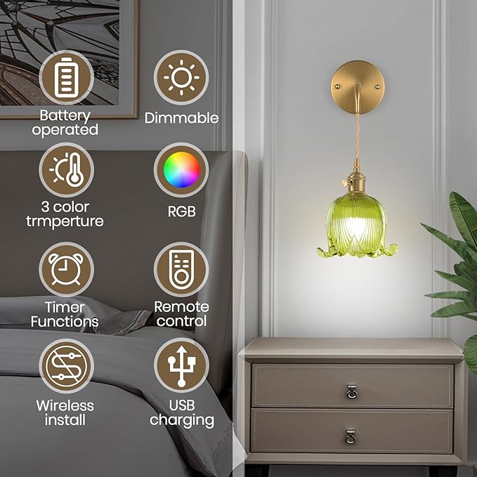 Battery Operated Wall Sconce Set of 2,Adjustable Chain Retro Gold Wall Mounted Light,Rechargeable Wall Light with Remote, Wireless Indoor Wall Lamp for Living Room Bedroom