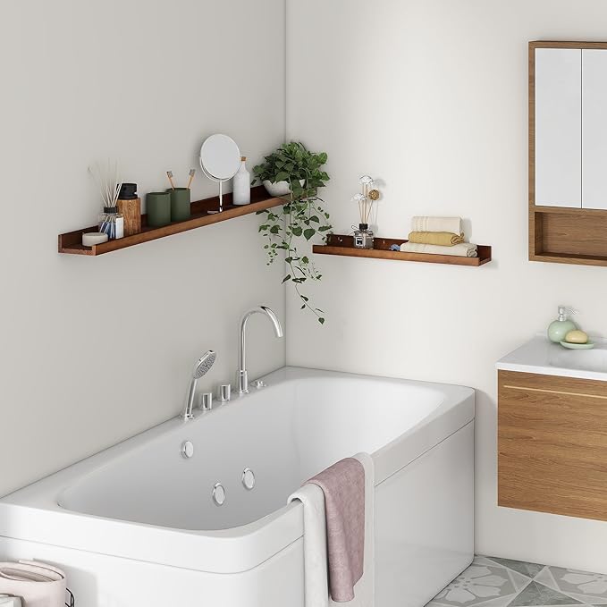 Picture Ledge Shelf, Floating Shelves Set of 2, Solid Ash Wood 56'' Long Large Nursery Book Shelves for Toys Storage, Kids Bookshelf for Living Room Bedroom Decor Books Photo Frames, Walnut