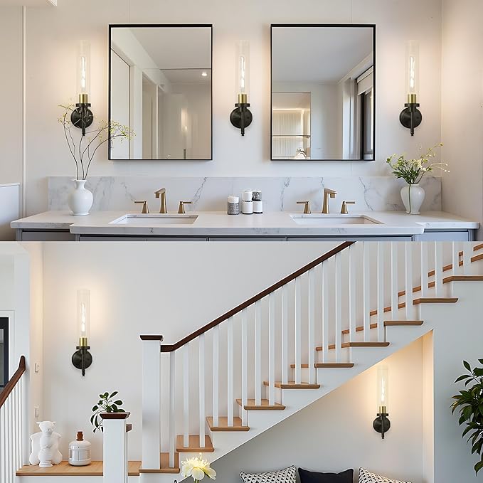 Wall Sconces Set of Two, Modern Bathroom Sconces with Clear Glass, Hardwired Sconces Wall Decor Set of 2, Wall Lights for Living Room Mirror Bedroom Hallway Kitchen (Gold and Black)