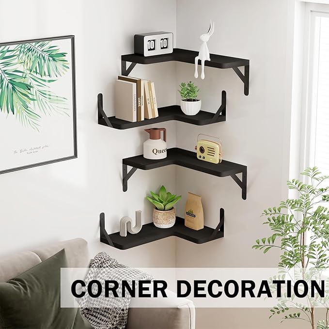 Muzilife Corner Floating Shelves Wooden Floating Shelve Set of 4, Wall Mounted for Storage, L-Shaped Shelves for Wall Decor Organizer for Bedroom, Bathroom, Kitchen, Living Room and Office, Black