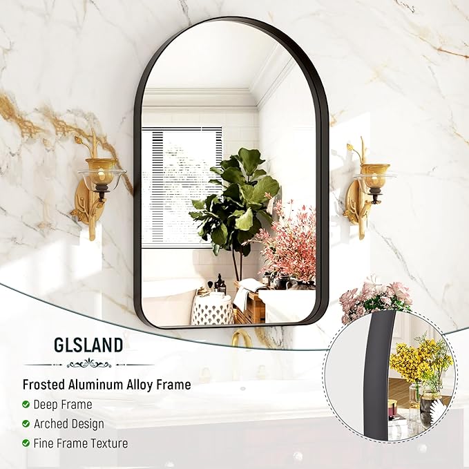GLSLAND 20”x30“ Arched Bathroom Mirror - Black Aluminum Alloy Framed Wall Mirror, Arch Matted Vanity Mirror for Bedroom, Entryway Home Decor