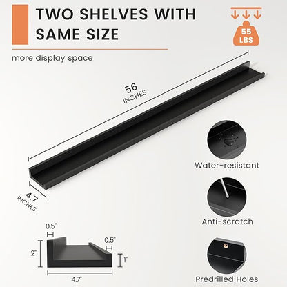 Picture Ledge Shelf, Floating Shelves Set of 2, 56 Inches Long Large Nursery Book Shelves for Toys Storage, Kids Bookshelf Wall Mounted for Living Room Bedroom Decor Books Photo Frames, Black