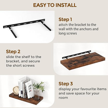 Fun Memories 32" W x 9.3" D Floating Shelves, Rustic Wood Deep Shelves for Bedroom, Kitchen, Living Room, Long Floating Shelf for Wall, Storage Display Wall Shelf for Books Decor, Rustic Brown