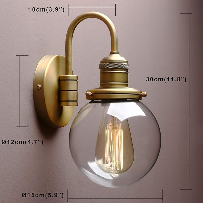Yosoan 1-Light Brass Modern Vintage Indoor Wall Sconce, Vanity Single Luxury Hardwired Retro Textured Clear Round Globe Glass Shade with Industrial Curved Rod Bathroom Lamp(Antique)
