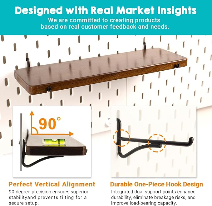 2 Pack Walnut Color Pegboard Shelf, Pegboard Accessories, Wooden Pegboard Shelves with Pegboard Hooks, Compatible with IKEA Skadis Pegboard