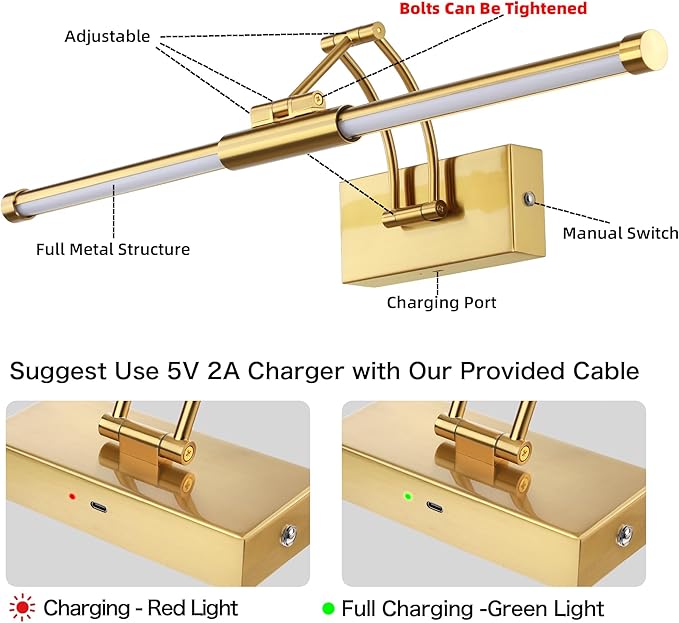 24“ Picture Lights for Wall, 8000mAh Rechargeable Wireless Picture Light with Remote, LED Wall Lights 3000K/4000K/6000K Dimmable, Art Lighting for Paintings Frame Gallery Dartboard, Brass