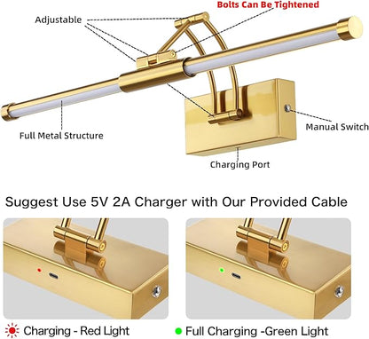 24“ Picture Lights for Wall, 8000mAh Rechargeable Wireless Picture Light with Remote, LED Wall Lights 3000K/4000K/6000K Dimmable, Art Lighting for Paintings Frame Gallery Dartboard, Brass