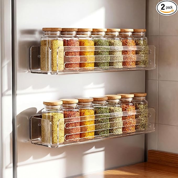 Novabright 2 Pack Magnetic Acrylic Spice Rack for Refrigerator Magnetic Fridge Shelf Storage Holder 11.8 Inch Clear Spice Seasoning Organizer for Cabinet Door, Cupboard or Wall Kitchen