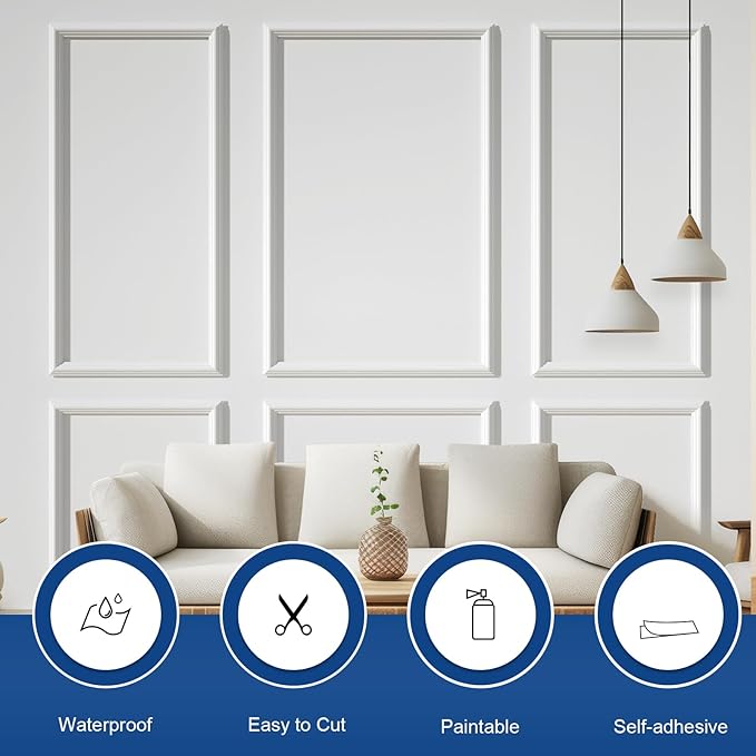 NeatiEase Peel and Stick Wall Molding Kit 6-Frame Pre-Made, Ready-to-Assemble Wall Moulding Panel Frame, Self-Adhesive Wainscoting Panels Wall Trim for Interior Walls Home Decor (50