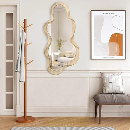 Large Asymmetrical Mirror Irregular Modern Cloud Wall Mirror Wood Frame Unique Shape Artistic Wall Mounted Vanity Mirror Decorative for Living Room Bedroom Bathroom Entryway Hallway