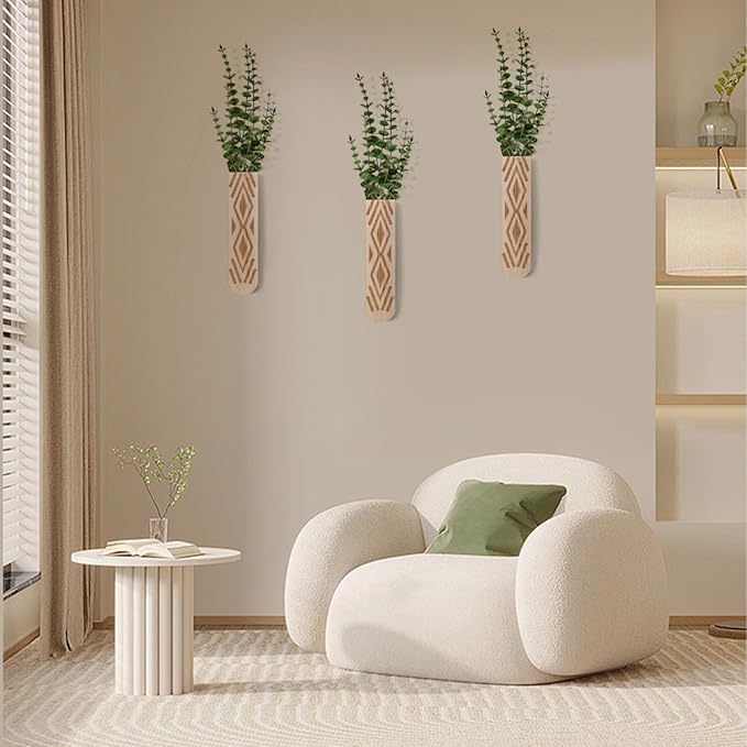 Wooden Wall Planter Set of 3 - Modern Bohemian Home Decor for Living Room, Bedroom, Bathroom - Beige Finish Planter for Dried Flowers, Faux Greenery, Indoor Plants