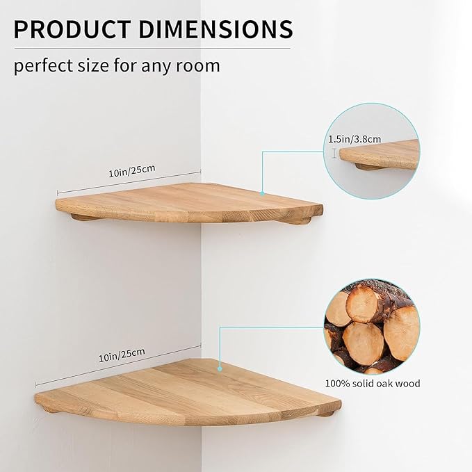 Corner Shelves Wall Mount, 10inch Oak Wood Floating Corner Shelves Set of 2 Round End Small Plant Shelf Wall Mount for Kitchen, Living Room, Bedroom…