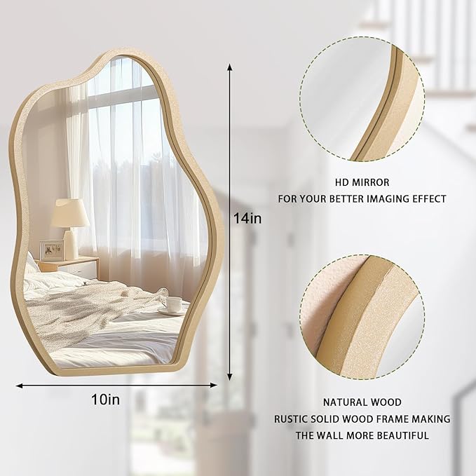 Small Wall Mirror Asymmetrical Irregular Wood Frame Mirrors Modern Unique Wall-Mounted Artistic Cloud Shape Mirror Decor for Bathroom Vanity Bedroom Living Room Entryway Hallway
