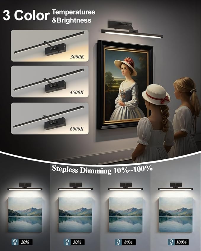 Picture Lights for Wall Battery Operated,24 Inch Black Wireless Rechargeable Art Lights for Pictures,3CCT Dimmable Retractable Painting Light with Remote & Timer,Glare-Free for Gallery Light