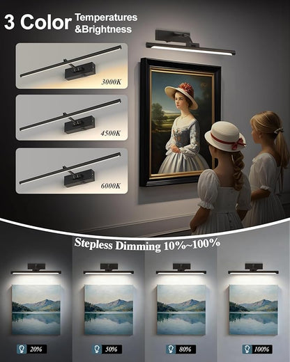 Picture Lights for Wall Battery Operated,24 Inch Black Wireless Rechargeable Art Lights for Pictures,3CCT Dimmable Retractable Painting Light with Remote & Timer,Glare-Free for Gallery Light