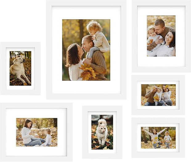 FrameWorks 7-pc Set Collage Wall Classic Wooden Picture Frames Tempered Glass/White / 1-11"x14", 2-8"x10", 4-5"x7"