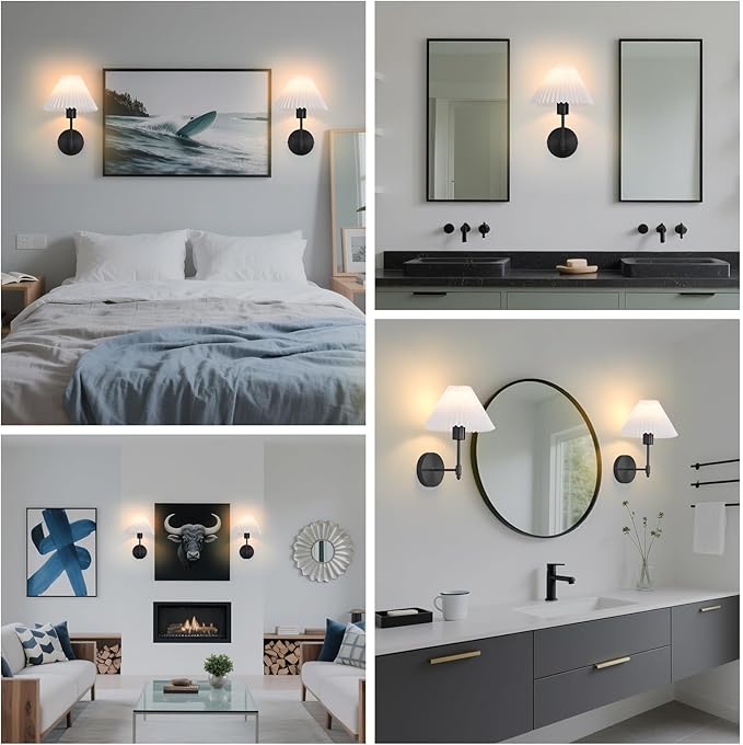 Battery Operated Wall Sconces Set of 2,Black Rechargeable Wall Lights with Remote,Dimmable Wall Lamp with Pleated Shades,15 Colors Wireless Bathroom Vanity Wall Light for Bedroom Living Room Hallway
